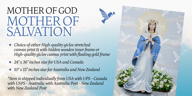 Advertisement for 'Mother of God, Mother of Salvation' print with product details on a light blue background.